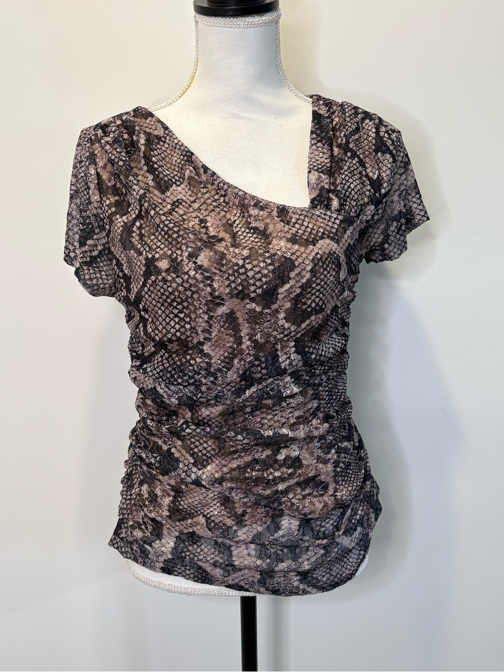 Snakeskin Print Ruched Mesh Top Bodycon Y2K Mob Wife Taupe Brown Est M - Picture 2 of 10